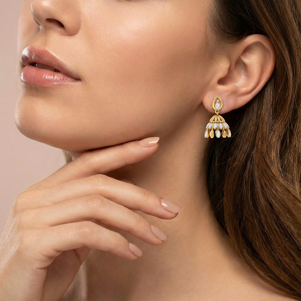 Celestial Charm Jhumkas 18K model_white view