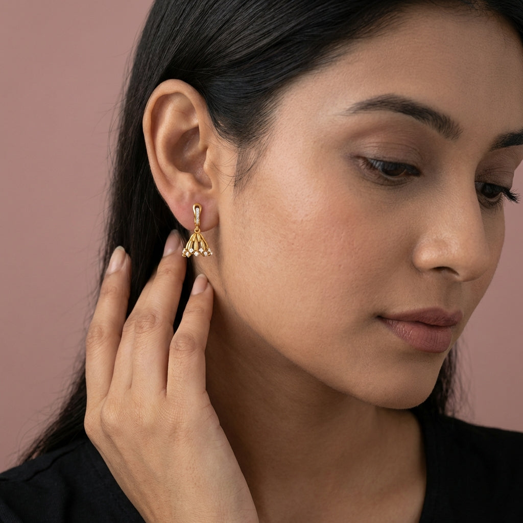 Ethereal Elegance Jhumkas 18K model_yellow view